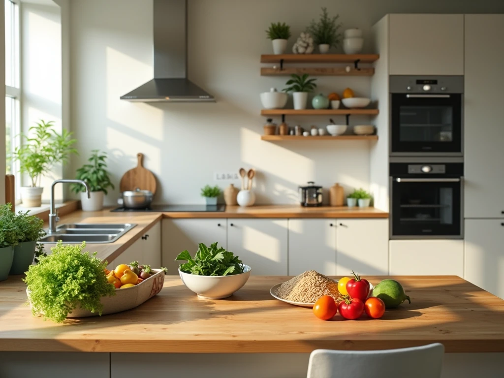 Minimal køkkenillustration med fokus på enkle plantebaserede måltider